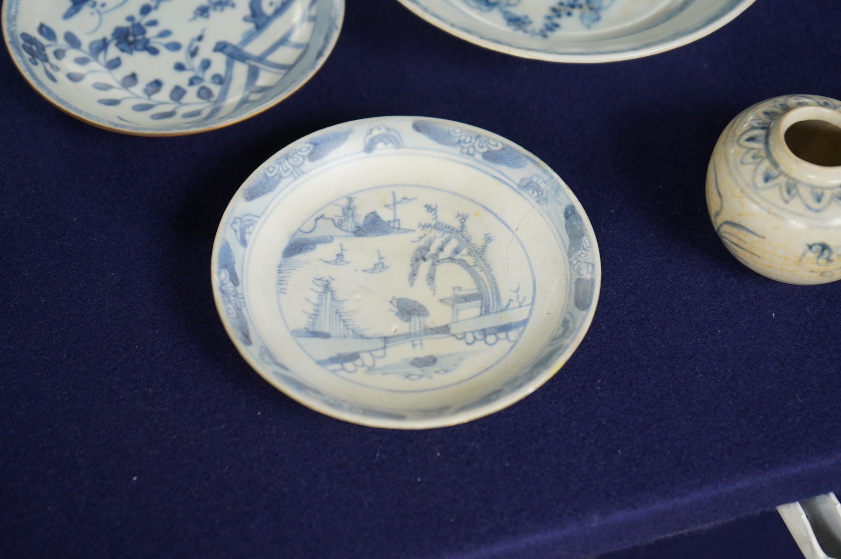 A group of Chinese and Annamese blue and white shipwreck ceramics, 16th–19th century together with a Ming style blue and white censer, largest- 12.5cm wide